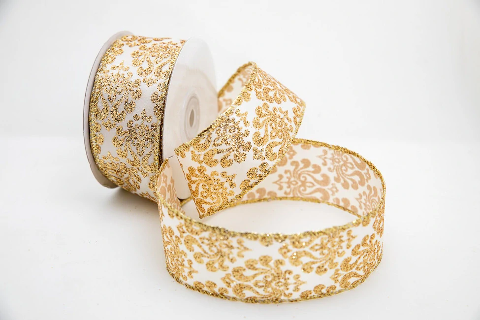 Stuha krémová s glitrovým damaškovým vzorom 38mm 10m