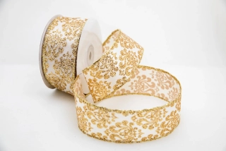 Stuha krémová s glitrovým damaškovým vzorom 38mm 10m